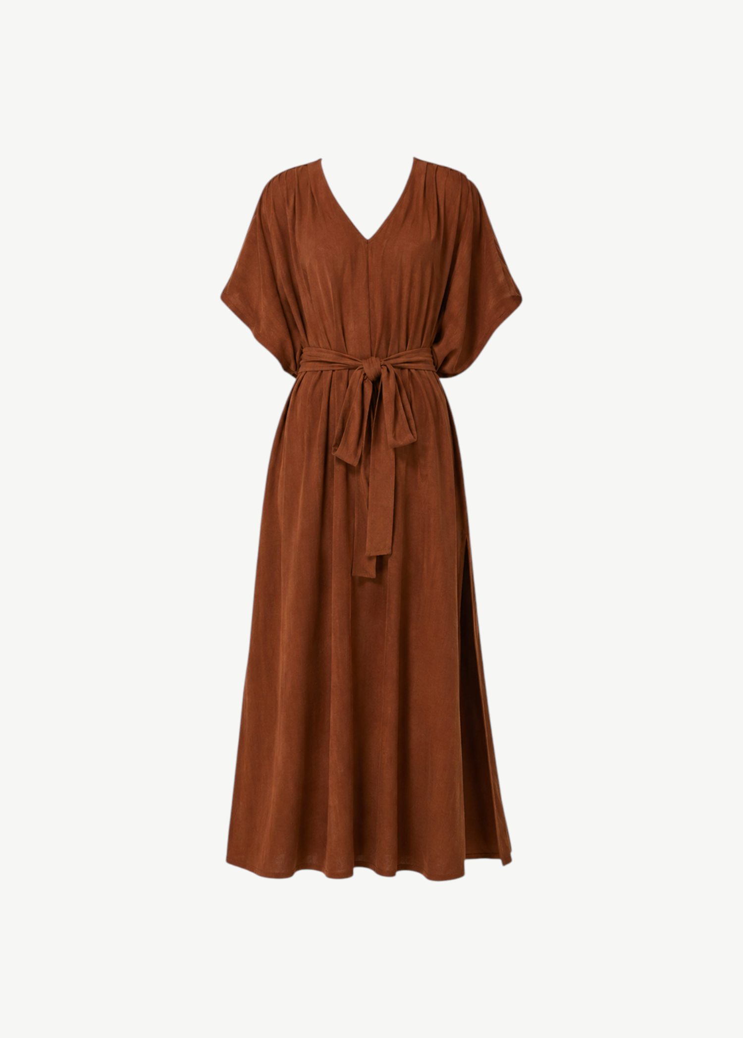 Brown short-sleeve, V-neck Kaftan maxi dress featuring a matching waist tie, relaxed silhouette, and slightly flared skirt, displayed on a plain white background for an effortlessly elegant look.