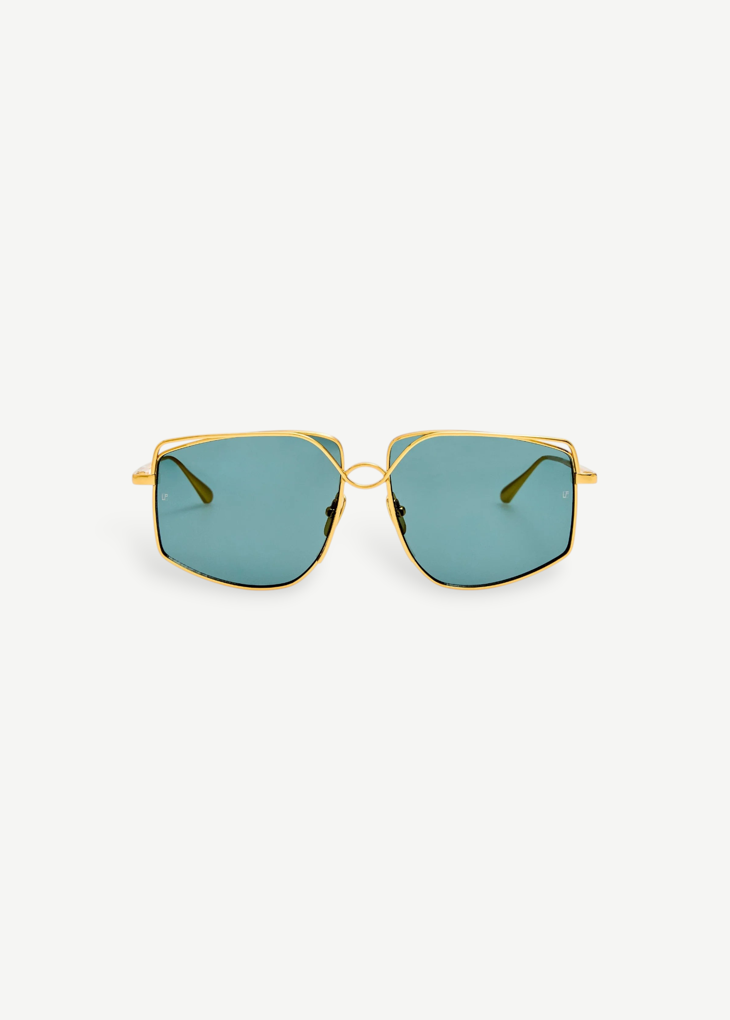 The Miranda Sunglasses feature an oversized, geometric frame expertly crafted from Japanese titanium with a luxurious gold-plated finish and distinctive blue-green tinted lenses, shown facing forward against a plain white background.