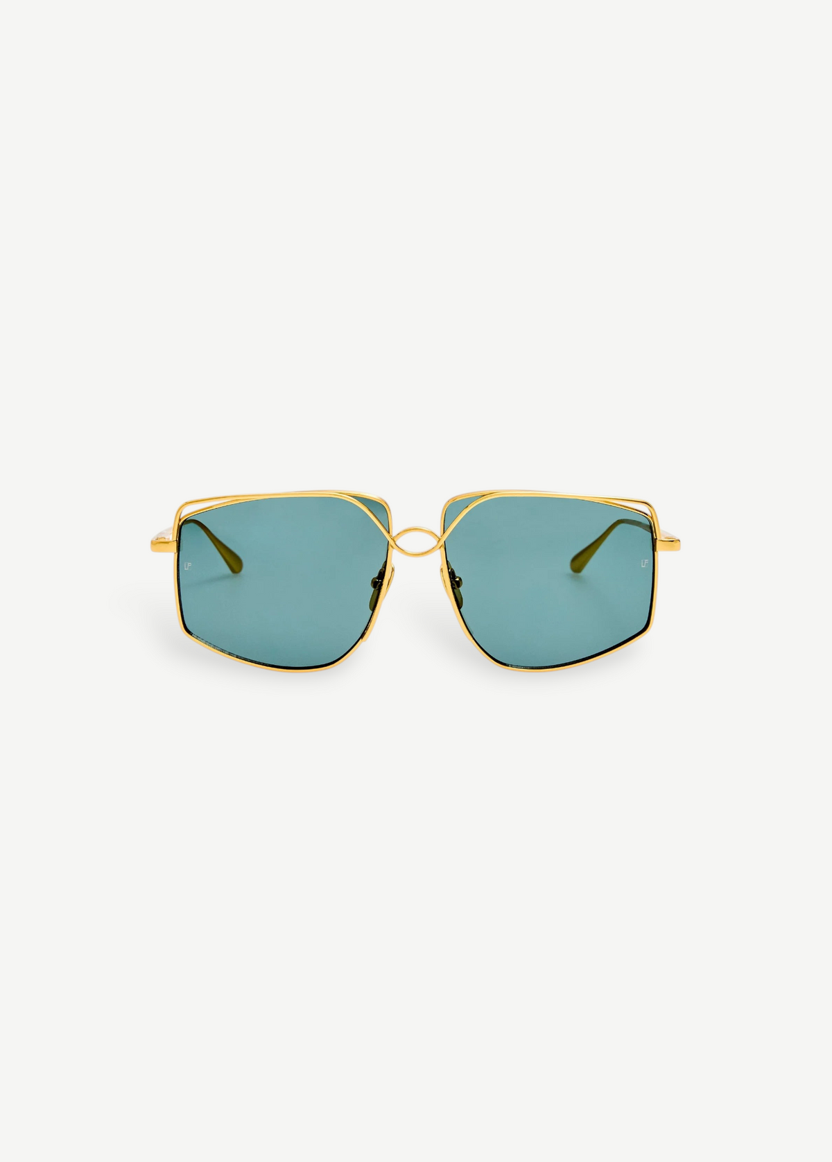 The Miranda Sunglasses feature an oversized, geometric frame expertly crafted from Japanese titanium with a luxurious gold-plated finish and distinctive blue-green tinted lenses, shown facing forward against a plain white background.
