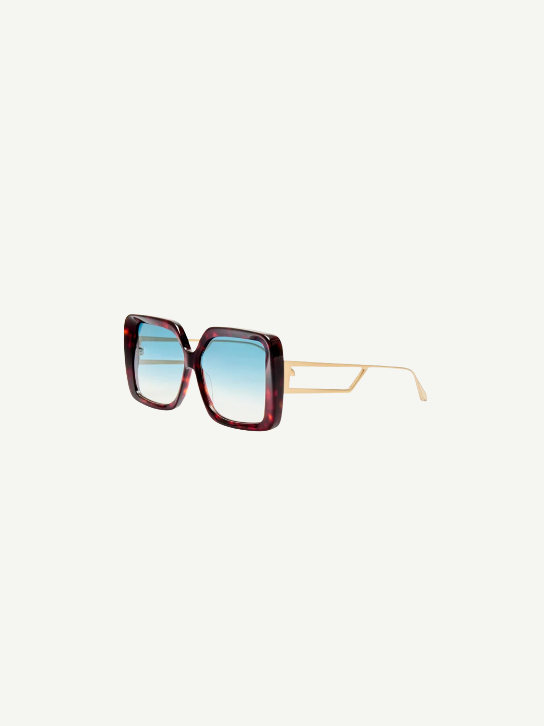 The Macy Sunglasses feature oversized square frames crafted from red tortoiseshell acetate, paired with thin gold arms and aqua gradient lenses, displayed on a white background.
