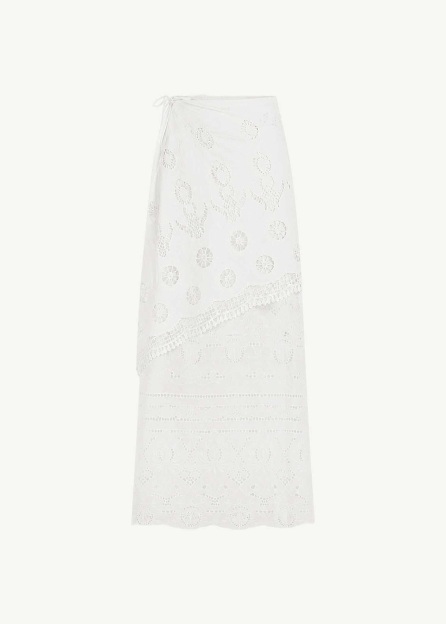 KABE SHOP INC Katinka white cotton midi skirt with intricate crochet and lace patchwork detailing