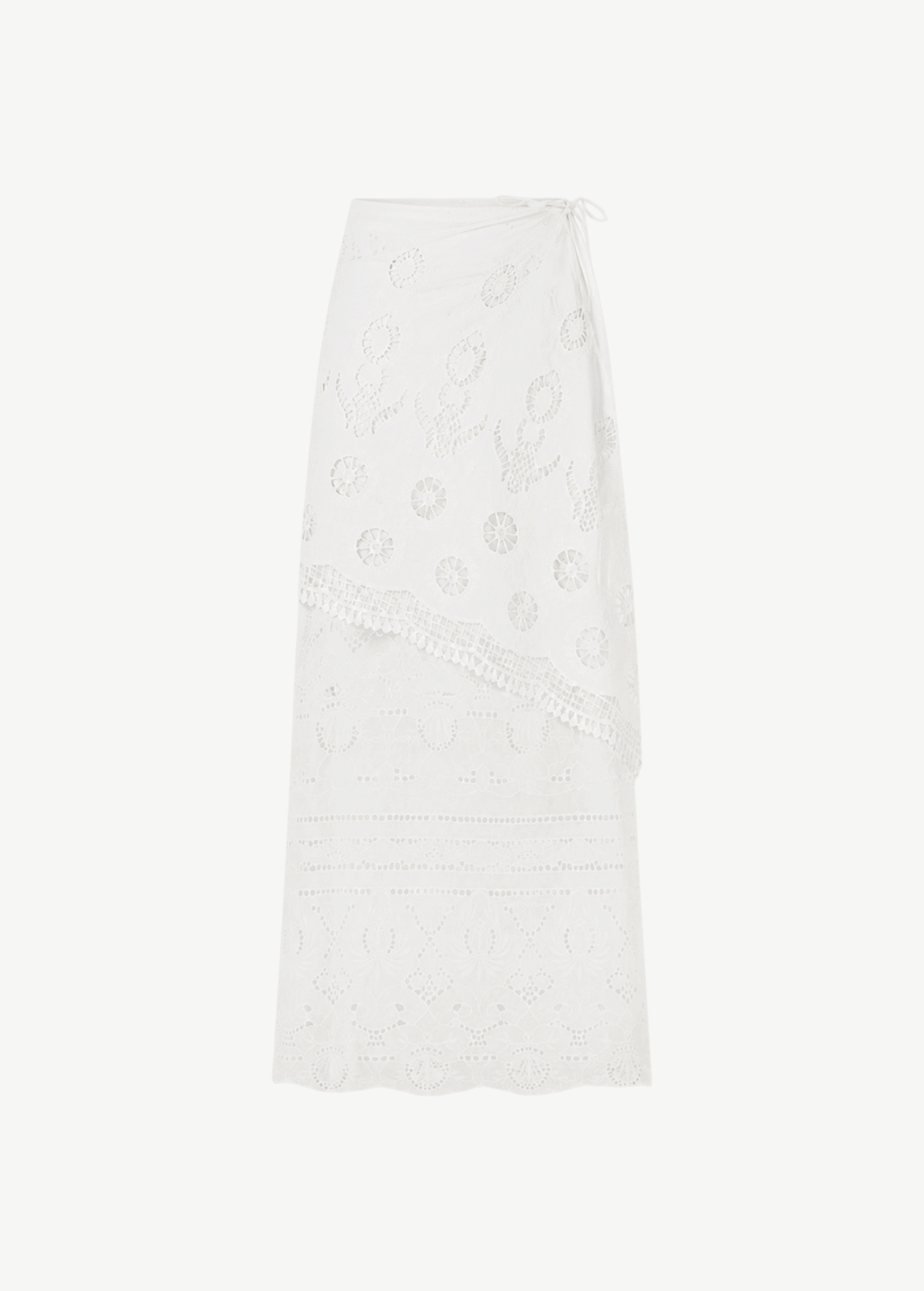 KABE SHOP INC Katinka white cotton midi skirt with intricate crochet and lace patchwork detailing
