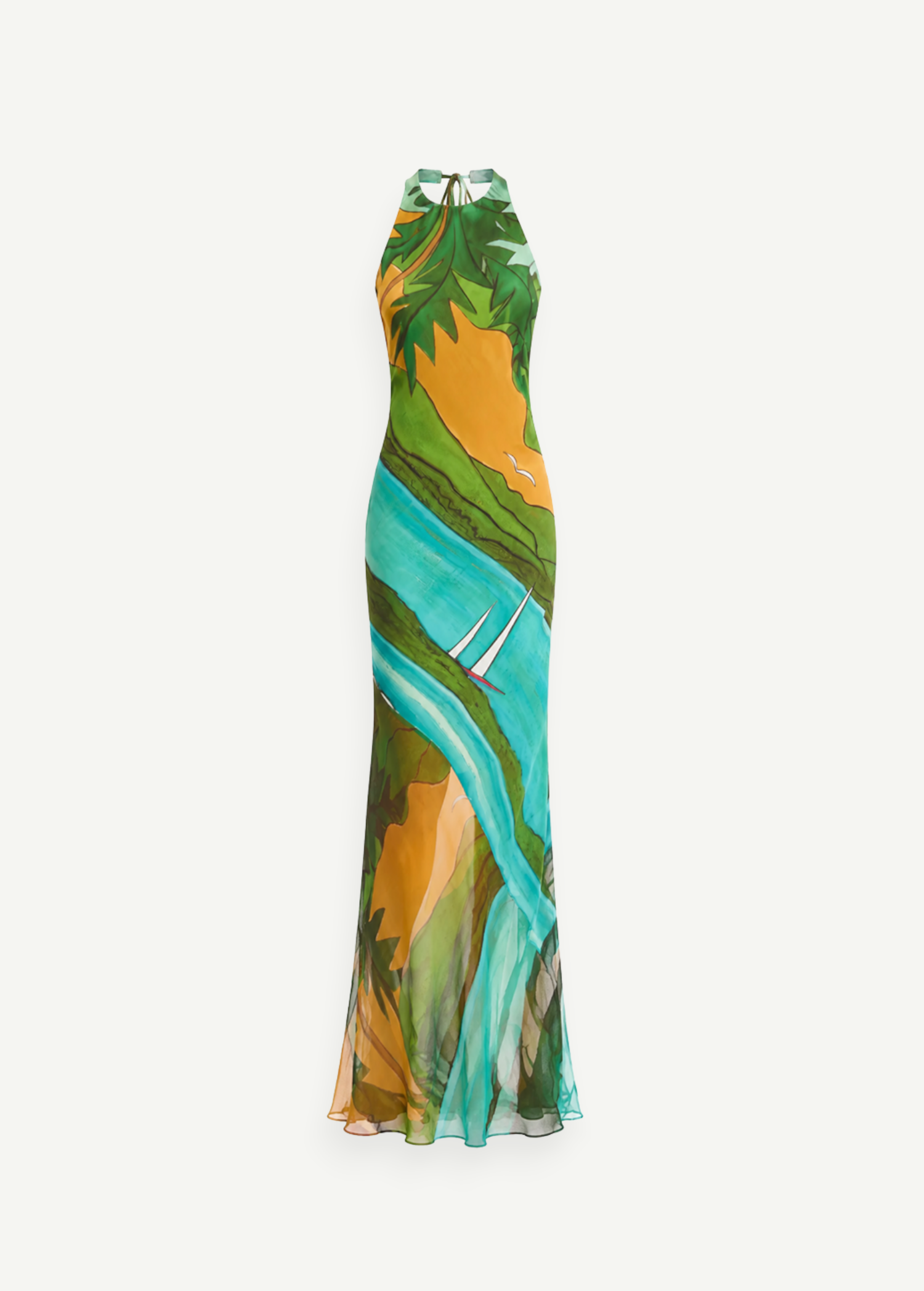 KABE SHOP INC Magdalena long silk maxi dress featuring a halter neckline and a vibrant landscape print