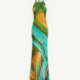 KABE SHOP INC Magdalena long silk maxi dress featuring a halter neckline and a vibrant landscape print