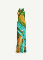 KABE SHOP INC Magdalena long silk maxi dress featuring a halter neckline and a vibrant landscape print