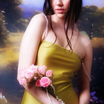 Wearing a yellow dress, a woman holds pink roses and pearl strands, standing before a painted backdrop of greenery and sky, her look elevated by the handmade-in-Paris Petra Straps.