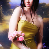 Wearing a yellow dress, a woman holds pink roses and pearl strands, standing before a painted backdrop of greenery and sky, her look elevated by the handmade-in-Paris Petra Straps.