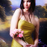 Wearing a yellow dress, a woman holds pink roses and pearl strands, standing before a painted backdrop of greenery and sky, her look elevated by the handmade-in-Paris Petra Straps.