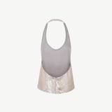 KABE SHOP INC Lorenza halter top in silver with a shimmering sequin finish and an elegant open back design.