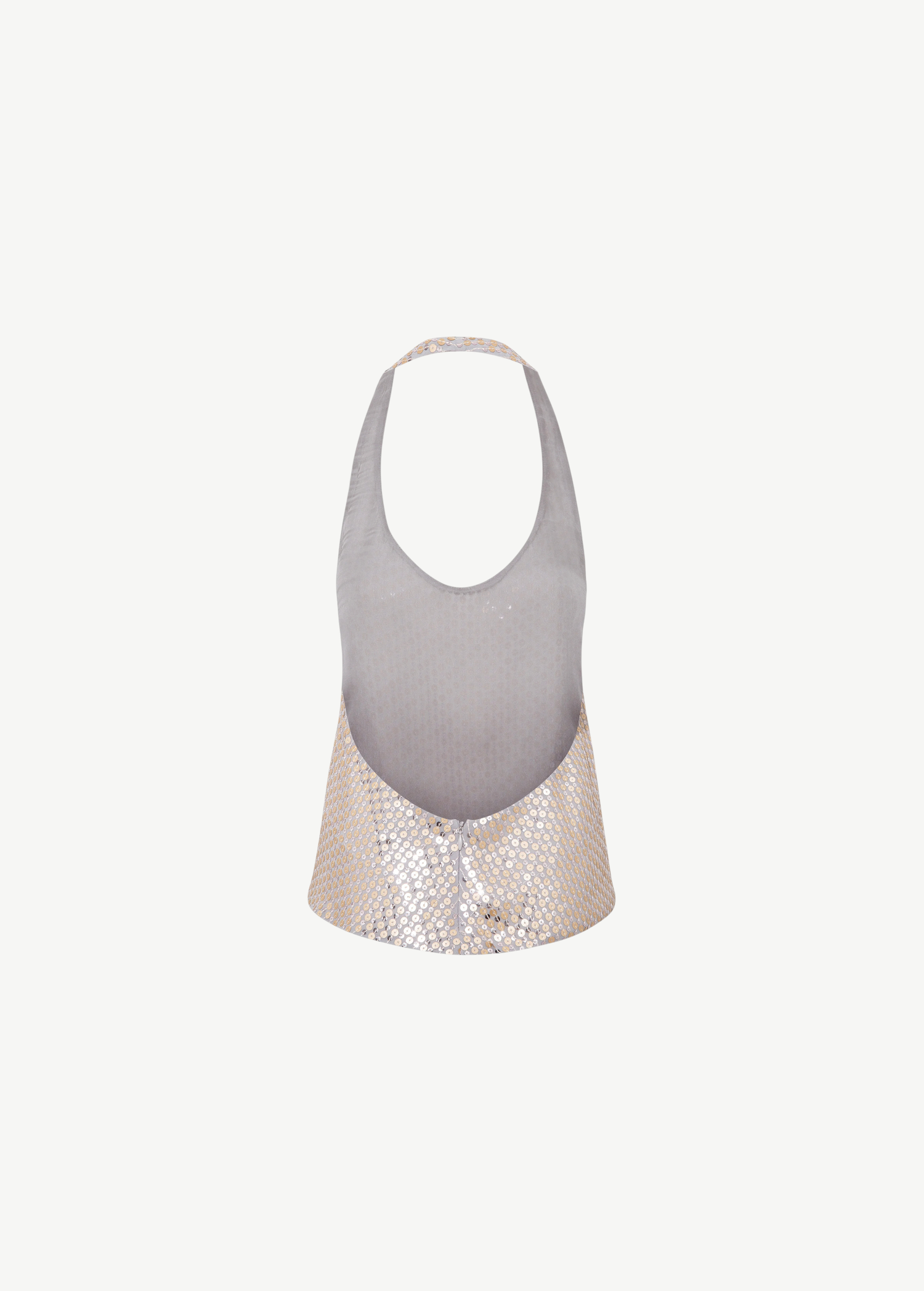KABE SHOP INC Lorenza halter top in silver with a shimmering sequin finish and an elegant open back design.