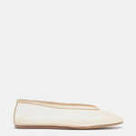 Luna Slipper Shoes in beige feature a minimalist design with a slightly pointed toe, low heel, and easy slip-on style, crafted from elegant patent leather and showcased on a plain white background.