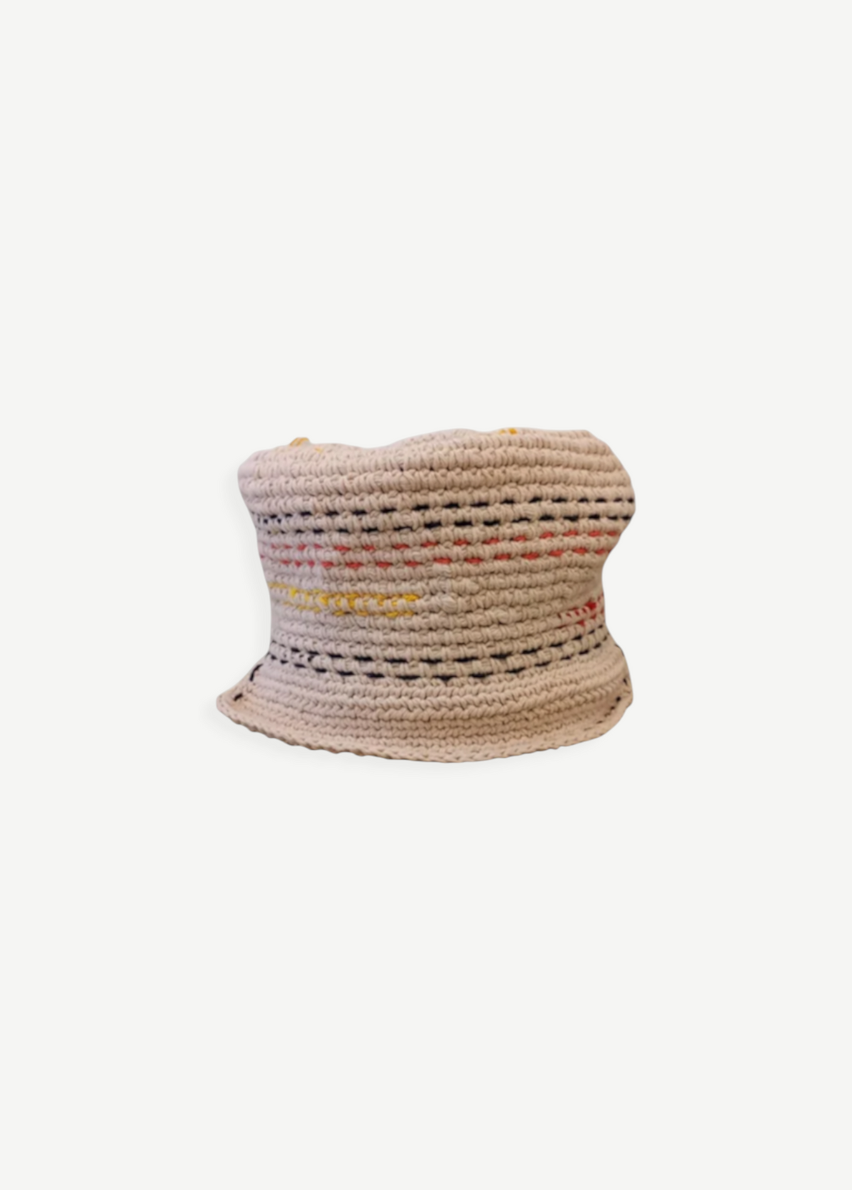 KABE SHOP INC handcrafted beige crochet bucket hat with subtle red and yellow stitched accents for sun protection.