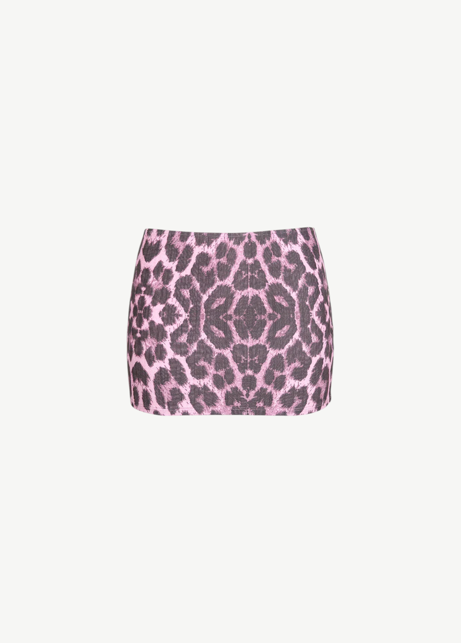 KABE SHOP INC Less Skirt in a pink and black leopard print, crafted from luxurious lined swimwear fabric.