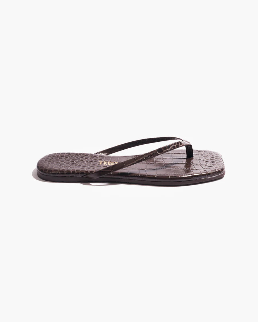 A single Square Toe Lily sandal in brown crocodile-embossed leather, featuring thin straps and a subtle square toe, displayed on a white background.