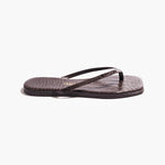 A single Square Toe Lily sandal in brown crocodile-embossed leather, featuring thin straps and a subtle square toe, displayed on a white background.