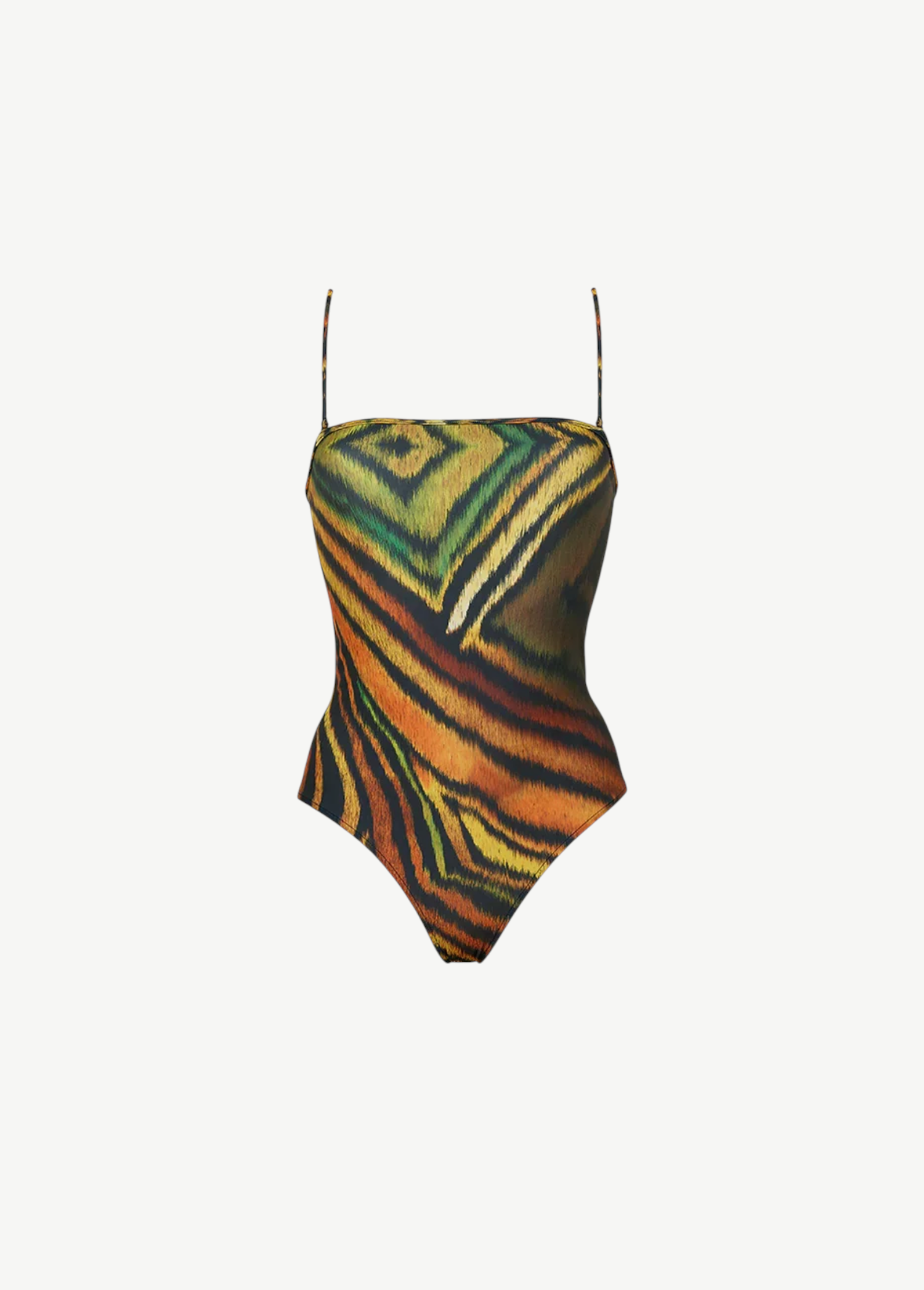 KABE SHOP INC Lola one-piece swimsuit with a square neckline and a vibrant green and orange abstract animal print.