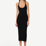 Model wearing a KABE SHOP INC black ribbed V-neck racerback midi dress with a slim fit against a neutral background.