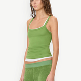 KABE SHOP INC ÉTERNE Duke Tank in green layered over a white tank top, worn by a model with a slim fit.
