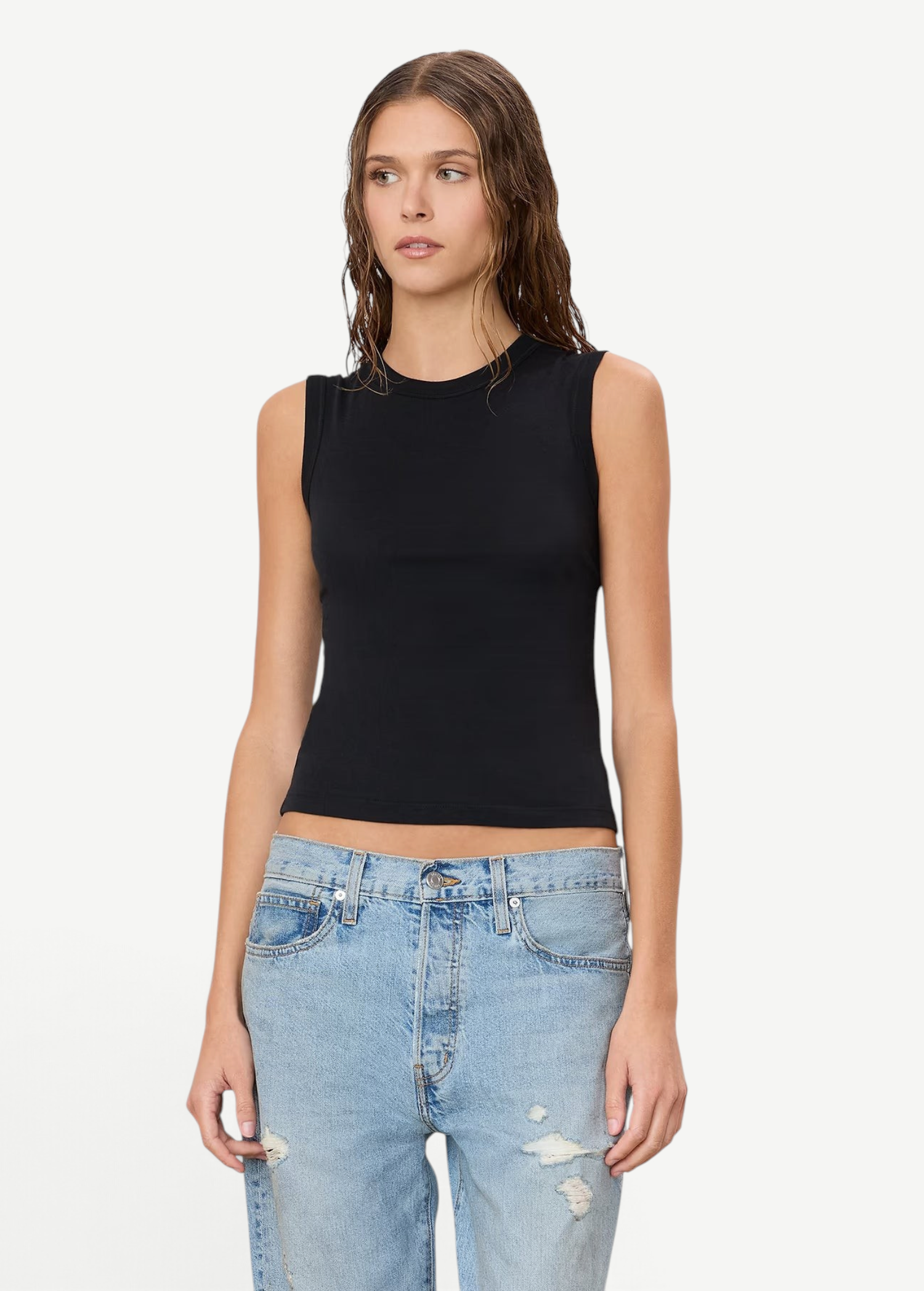 Model wearing a black KABE SHOP INC Fitted Muscle Tank in a soft cotton-modal blend with a slim fit.