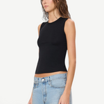 Model wearing a black KABE SHOP INC Fitted Muscle Tank in a soft cotton-modal blend with a slim fit.