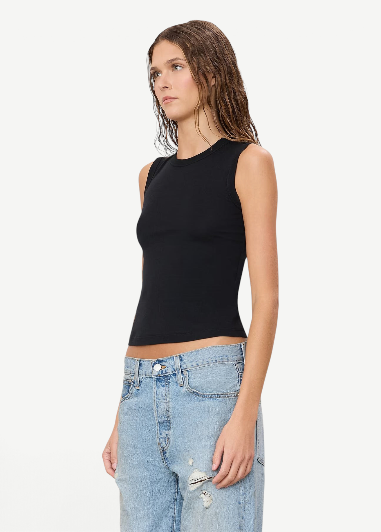 Model wearing a black KABE SHOP INC Fitted Muscle Tank in a soft cotton-modal blend with a slim fit.