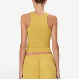 Back view of a woman wearing a KABE SHOP INC yellow ribbed high neck fitted tank top with a slim silhouette.