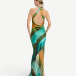 KABE SHOP INC Magdalena long silk maxi dress with halter neckline and green landscape print, back view