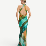 KABE SHOP INC Magdalena long silk maxi dress with halter neckline and green landscape print, back view