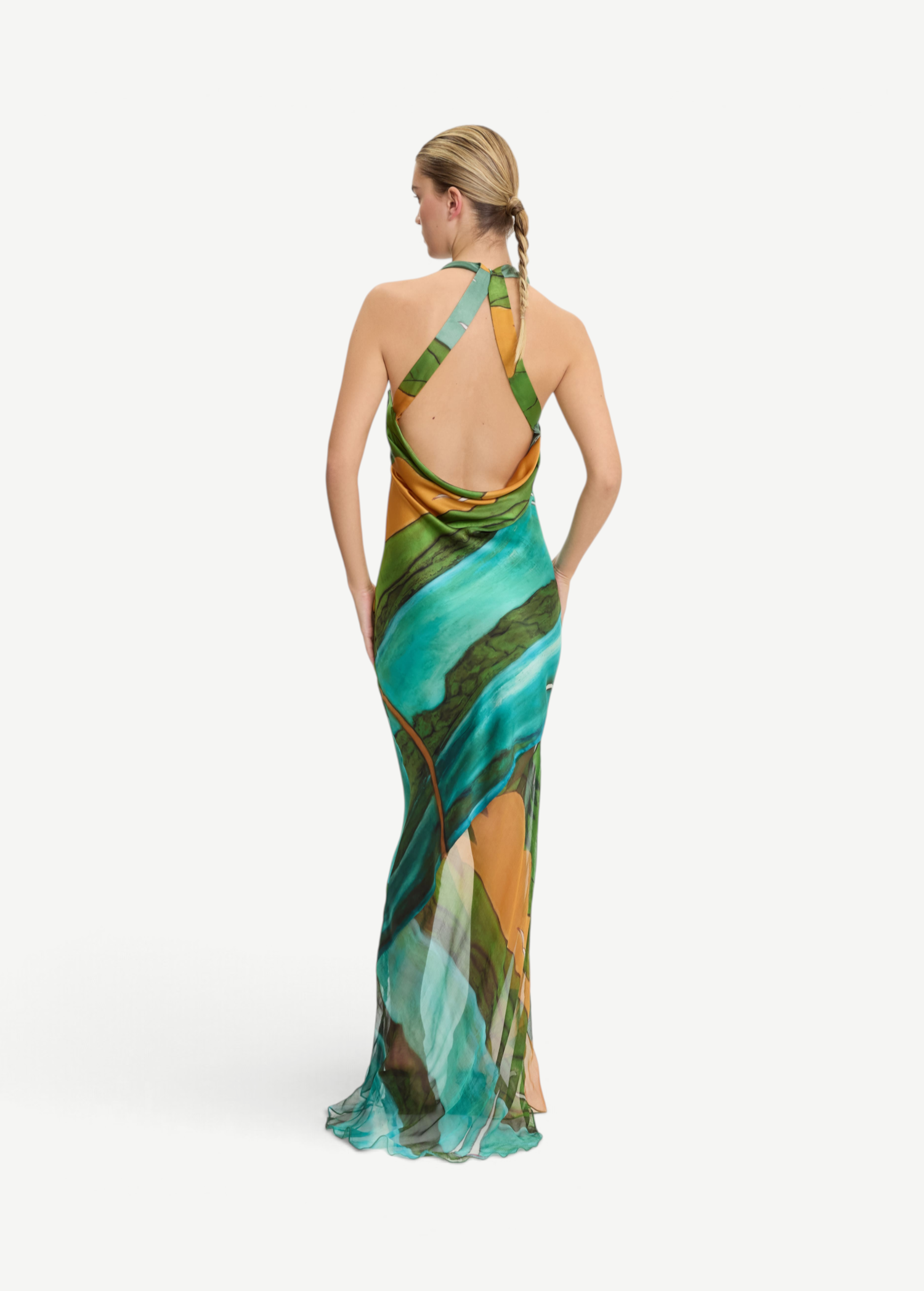 KABE SHOP INC Magdalena long silk maxi dress with halter neckline and green landscape print, back view