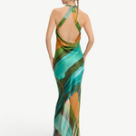 KABE SHOP INC Magdalena long silk maxi dress with halter neckline and green landscape print, back view