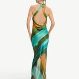 KABE SHOP INC Magdalena long silk maxi dress with halter neckline and green landscape print, back view