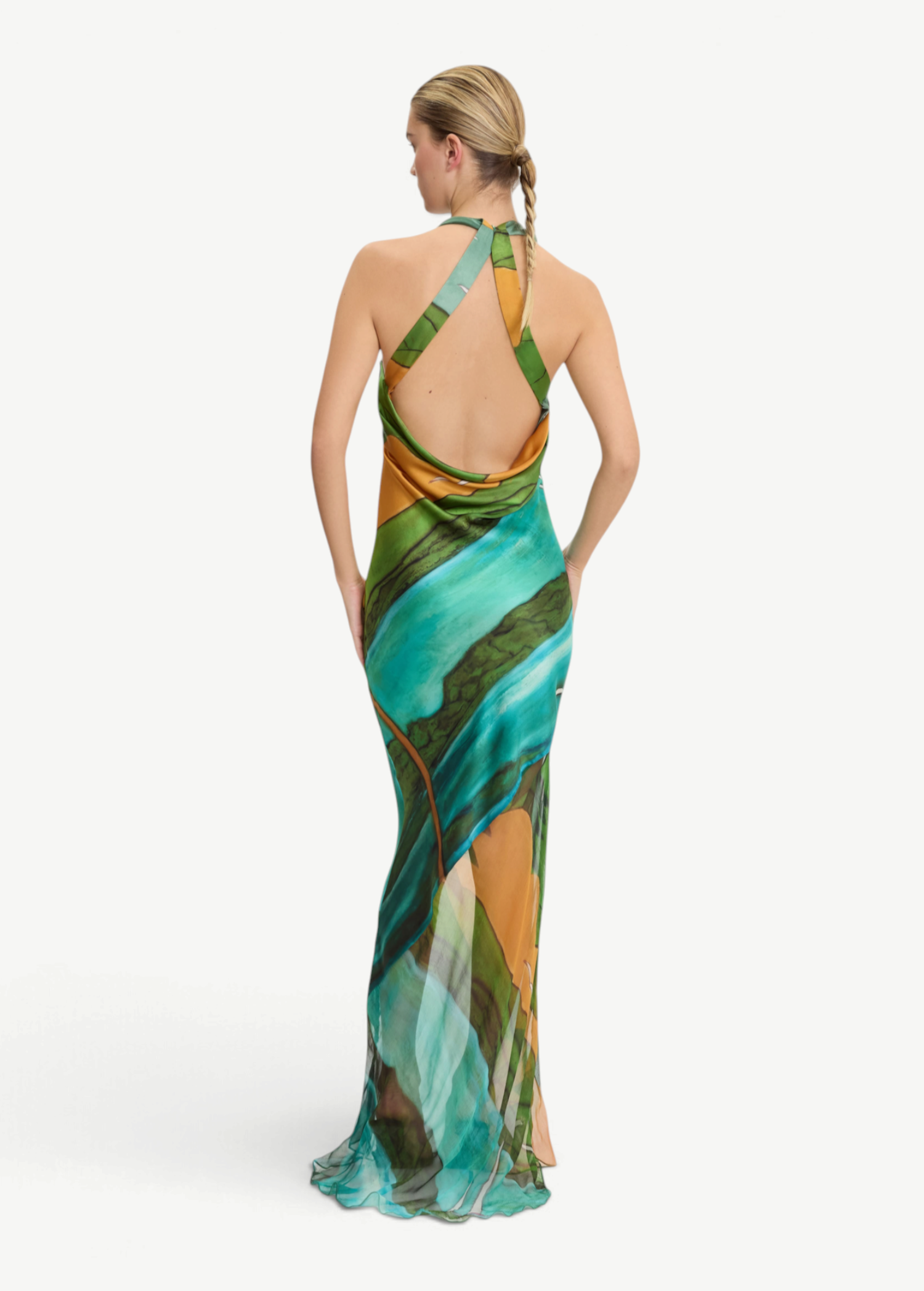 KABE SHOP INC Magdalena long silk maxi dress with halter neckline and green landscape print, back view
