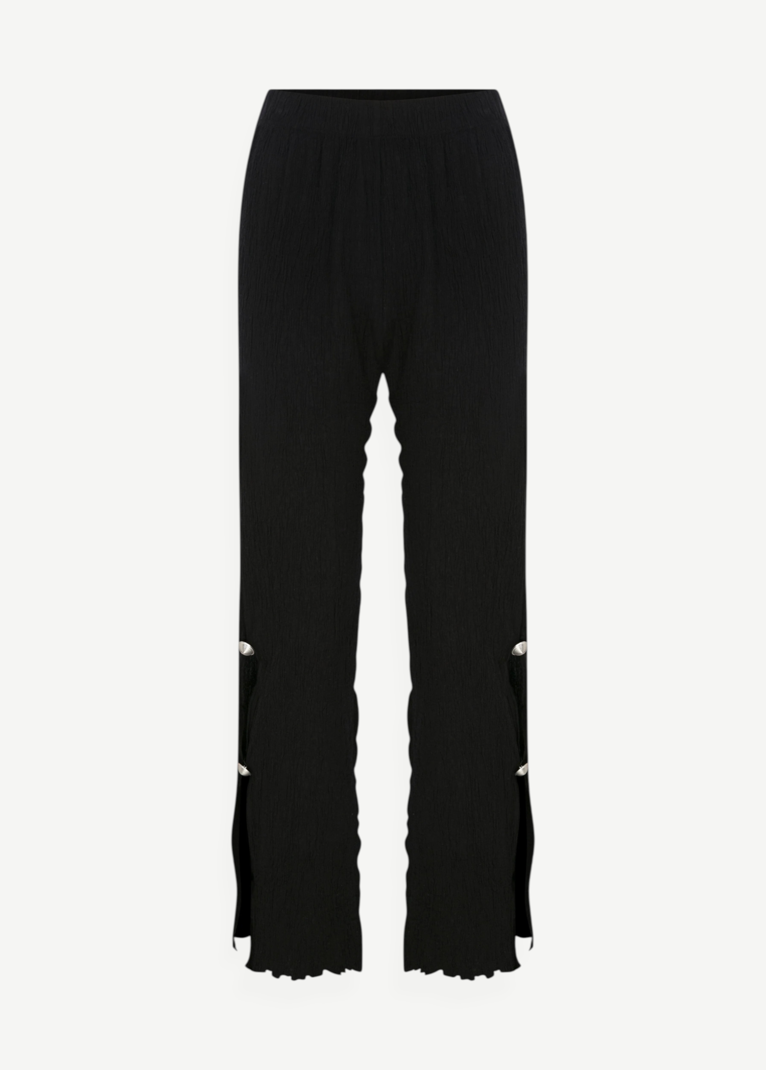 KABE SHOP INC Malaika black straight-leg pants with textured fabric and silver button side slit detailing