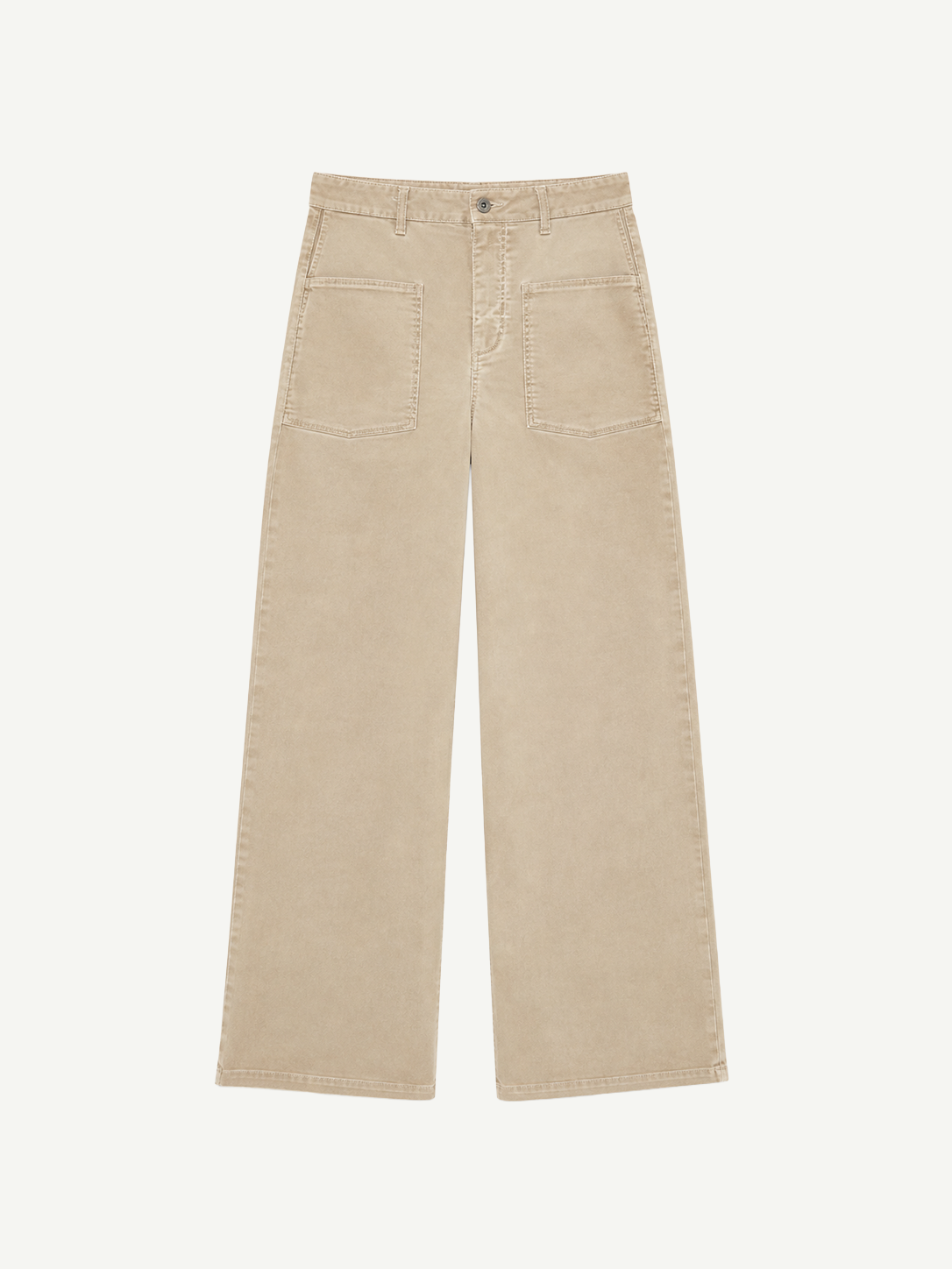 Cold Dye Boyfriend Jeans with Patch Pockets—these beige wide-leg jeans feature front patch pockets, a button and zipper closure, and visible stitching, shown laid flat on a white background.