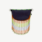 KABE SHOP INC Verdaloo bag featuring navy striped fabric, green trim, and long multi-colored beaded fringe detail.