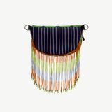 KABE SHOP INC Verdaloo bag featuring navy striped fabric, green trim, and long multi-colored beaded fringe detail.