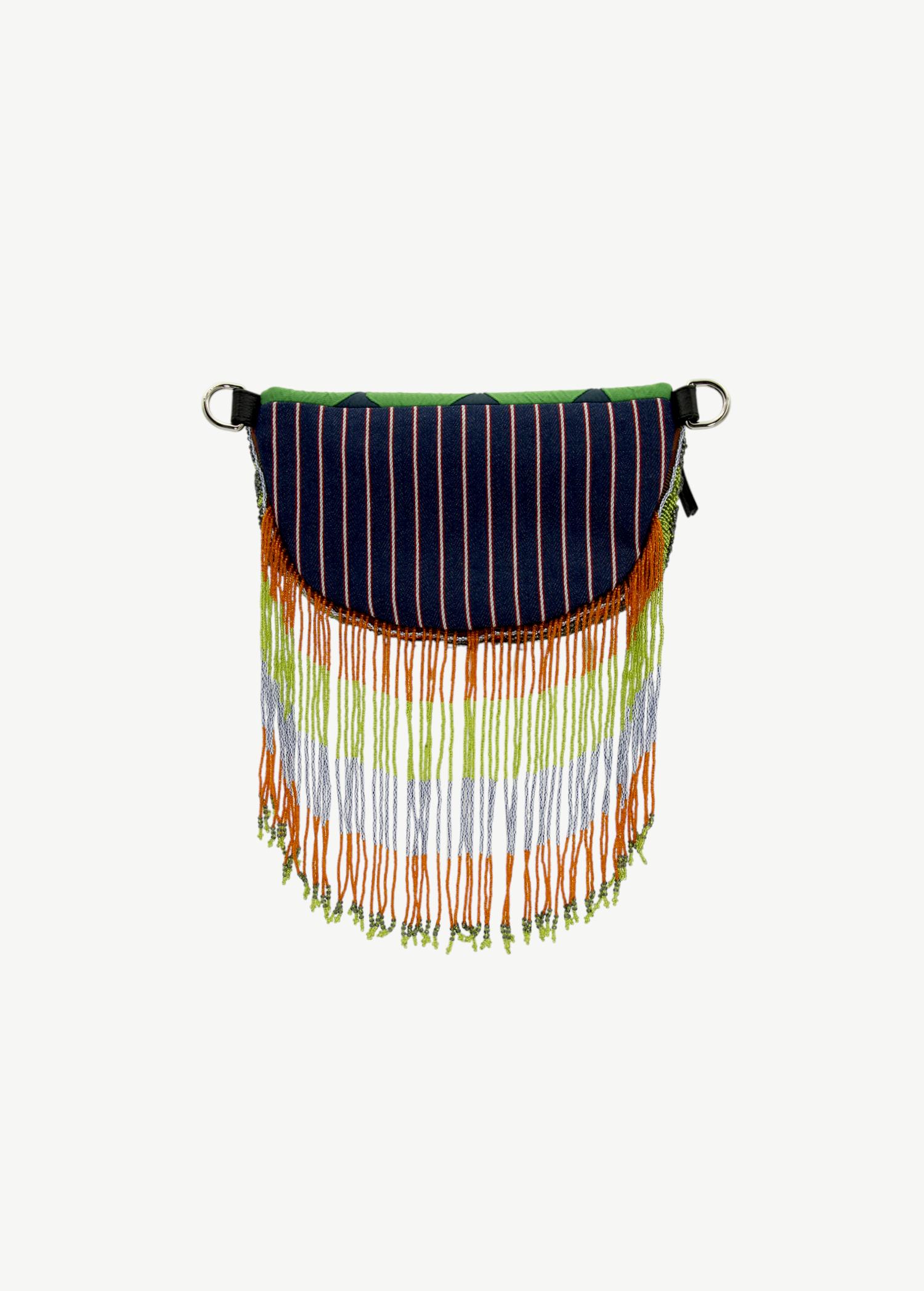 KABE SHOP INC Verdaloo bag featuring navy striped fabric, green trim, and long multi-colored beaded fringe detail.