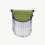 KABE SHOP INC Lunverde bag in green with a checkered pattern and long, multi-colored beaded fringe tassels.
