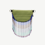 KABE SHOP INC Lunverde bag in green with a checkered pattern and long, multi-colored beaded fringe tassels.