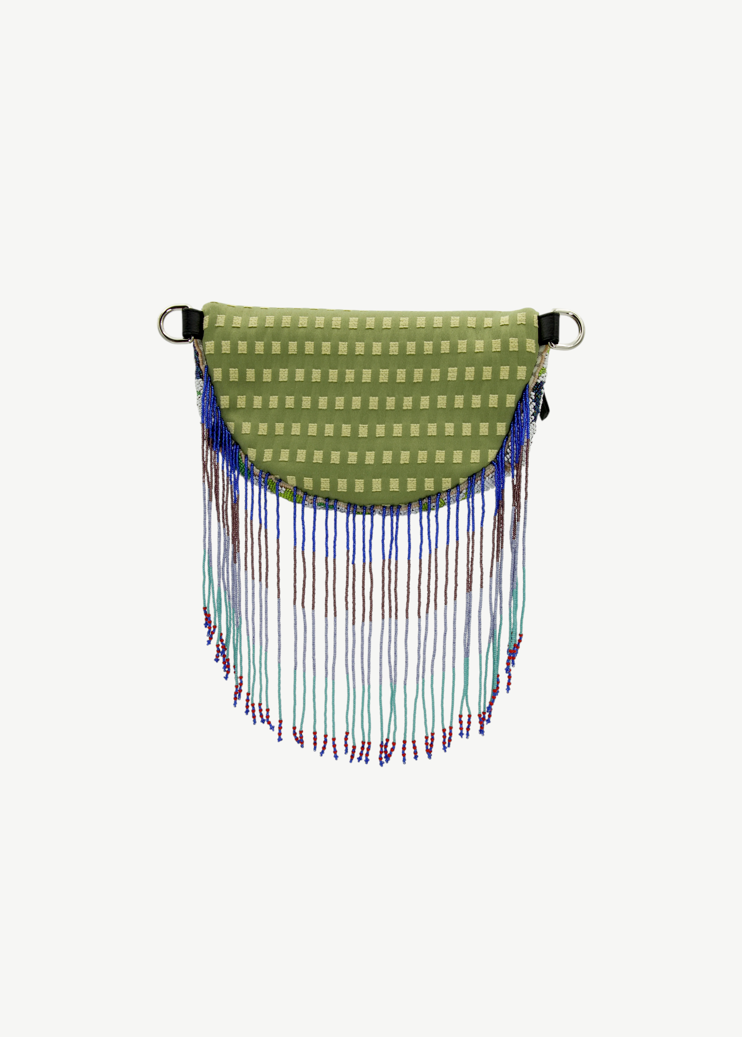KABE SHOP INC Lunverde bag in green with a checkered pattern and long, multi-colored beaded fringe tassels.