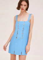 KABE SHOP INC Micaela light blue mini dress with silver grommet details on straps and bodice and front slits.