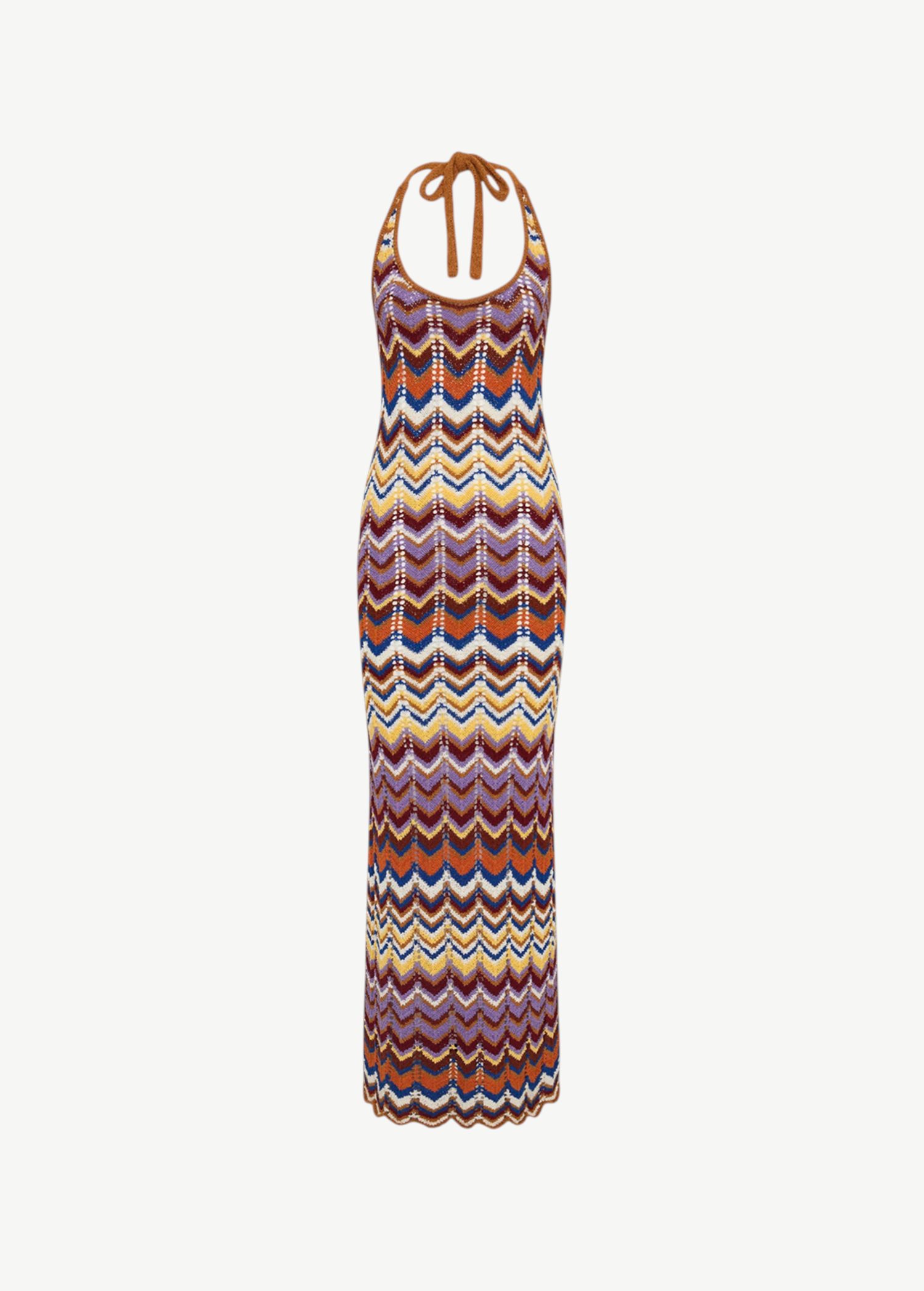 KABE SHOP INC Elisa maxi dress in a vibrant chevron stripe knit with a brown halter neck tie and relaxed silhouette.
