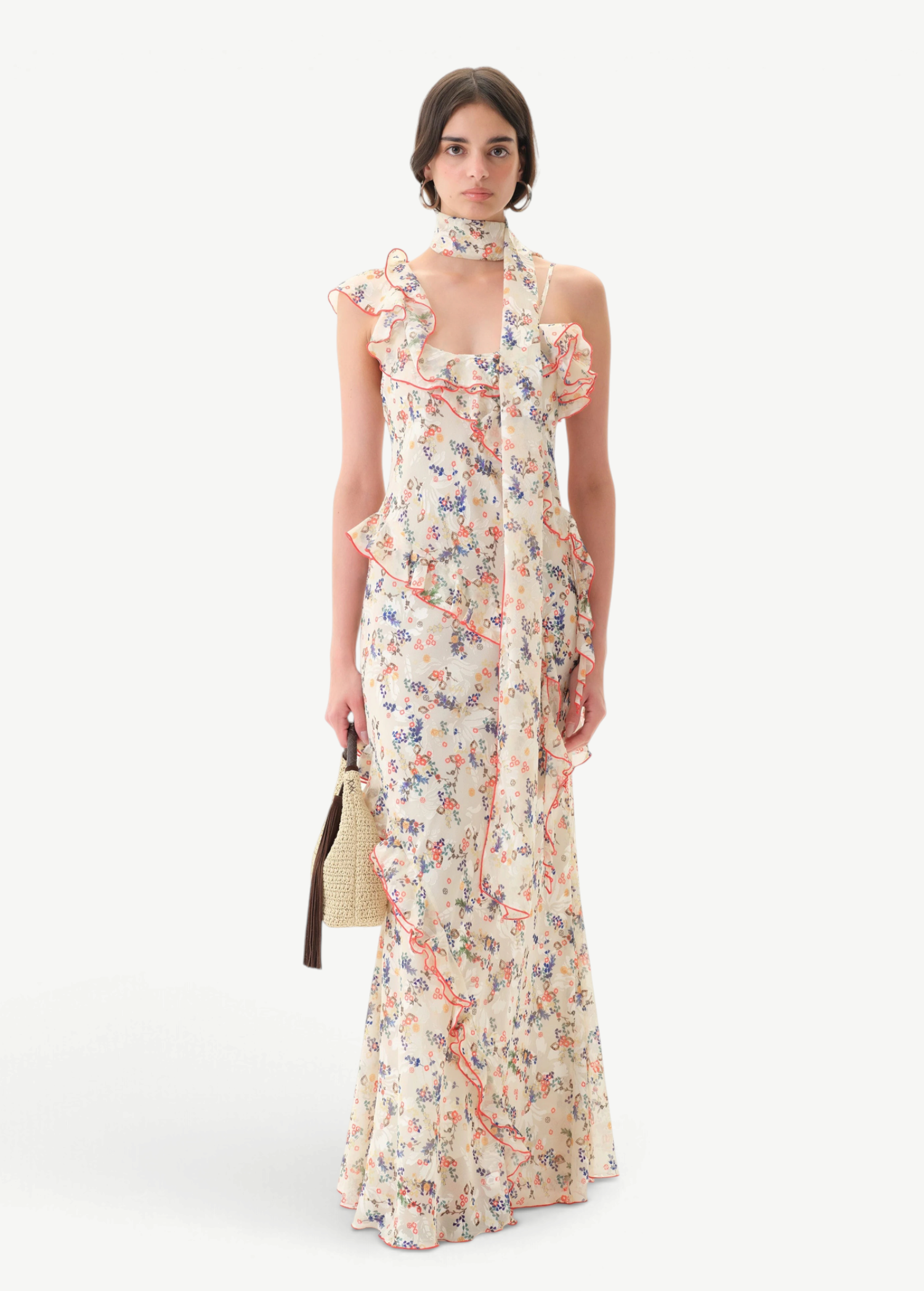 Model wearing KABE SHOP INC Monica floral print maxi dress with ruffle details and a matching detachable scarf