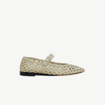 A single beige Mary Jane Woven Leather Shoe is displayed facing left on a plain white background, featuring a handwoven goatskin upper, pointed toe, low black heel, and an instep strap with buckle fastening.