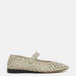 A single beige Mary Jane Woven Leather Shoe is displayed facing left on a plain white background, featuring a handwoven goatskin upper, pointed toe, low black heel, and an instep strap with buckle fastening.