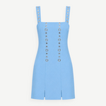 KABE SHOP INC Micaela light blue mini dress with silver grommet details on straps and bodice and front slits.