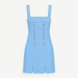 KABE SHOP INC Micaela light blue mini dress with silver grommet details on straps and bodice and front slits.