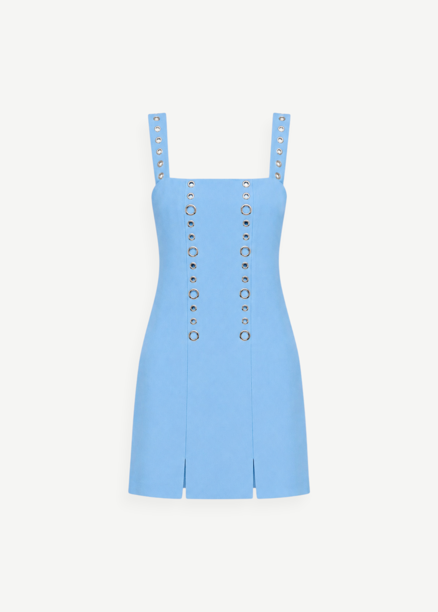 KABE SHOP INC Micaela light blue mini dress with silver grommet details on straps and bodice and front slits.