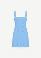 KABE SHOP INC Micaela light blue mini dress with silver grommet details on straps and bodice and front slits.