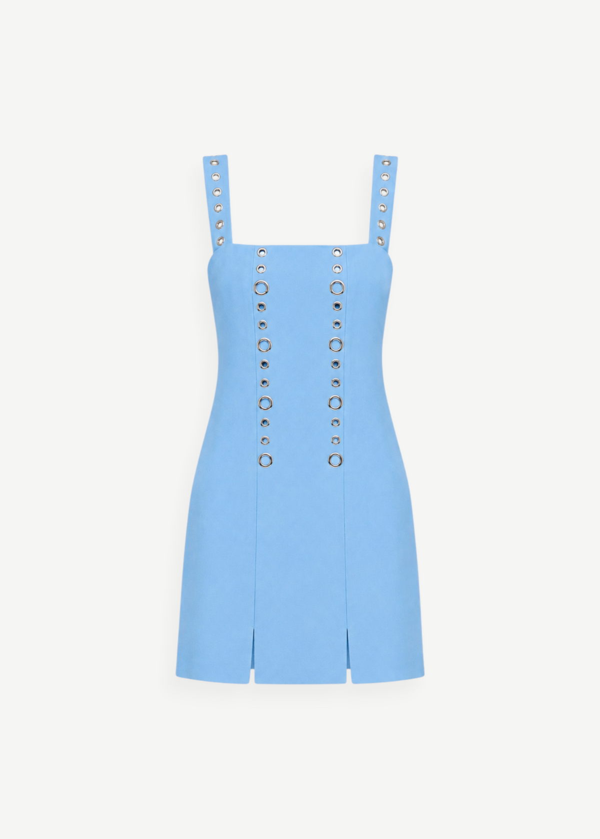 KABE SHOP INC Micaela light blue mini dress with silver grommet details on straps and bodice and front slits.